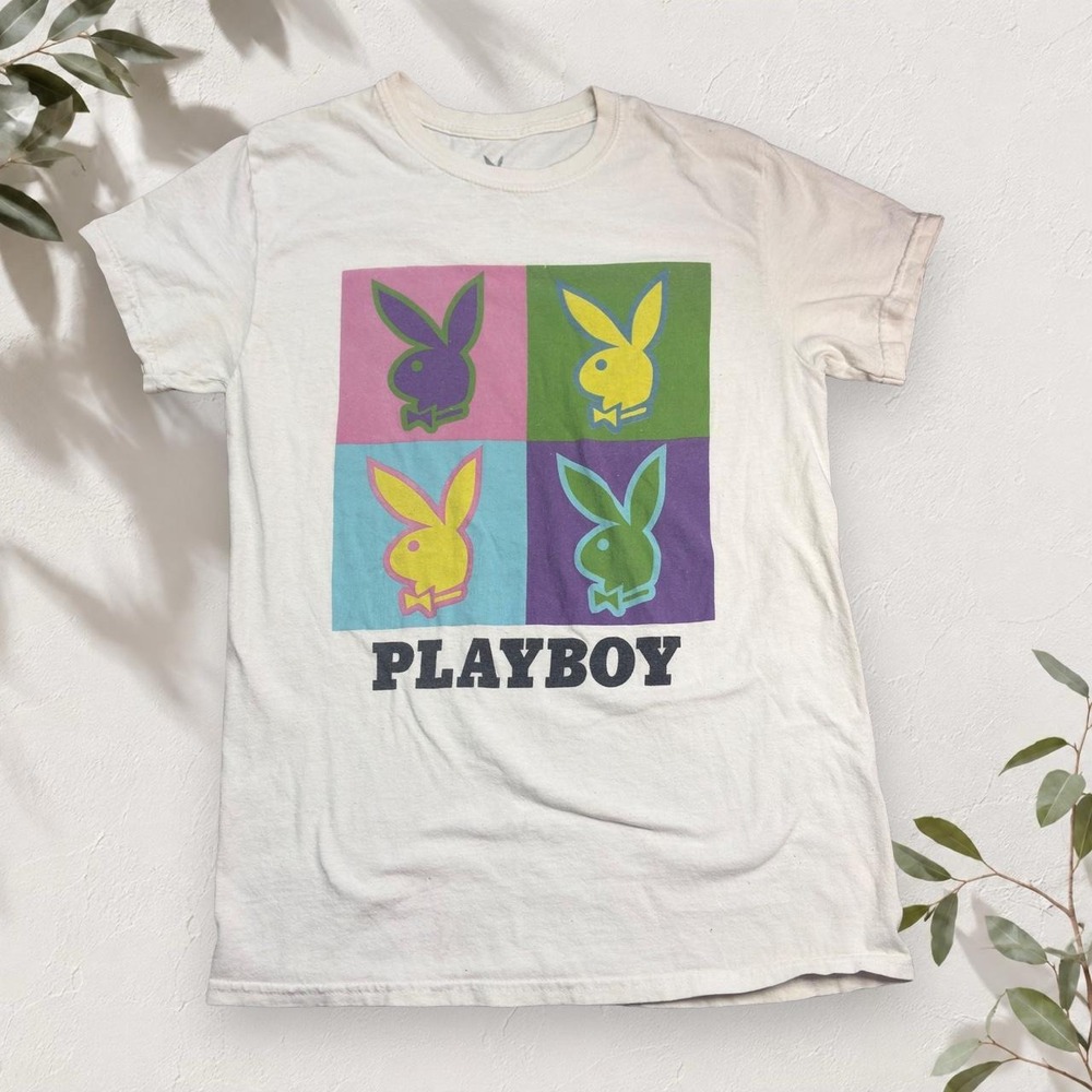 Playboy Bunny Pop Art Graphic T-Shirt White Multicolor Y2K Streetwear Mens S